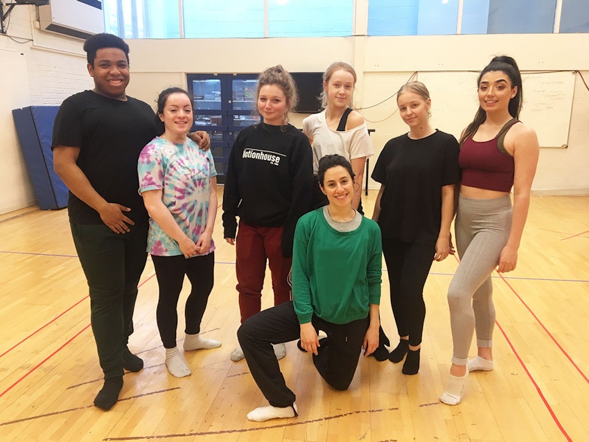 Noa Mamrud (front centre) with FdA Dance students in the studio at Clarendon campus