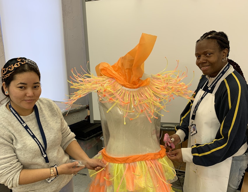 Level 2 Fashion and Textiles students Kalpana (l) and Paula (r) getting ready for Light Night 2020