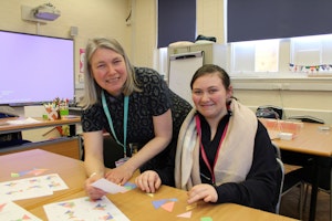 Lecturer Sally Hardwick with Entry 3 Advanced student Beth Dunks-Hopper during a Maths workshop