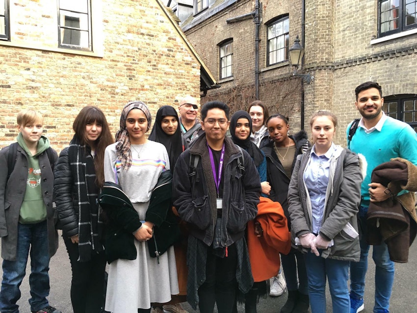 Our students outside Peterhouse College, Cambridge, with Alex MacDonald, Faculty Area Manager for High Pavement Sixth Form at Nottingham College (fifth from left)